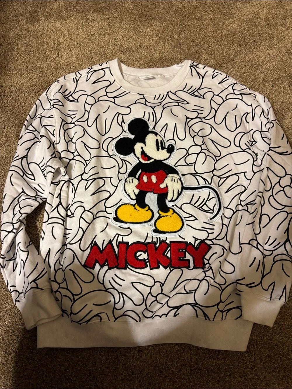 Disney White Crewneck Sweatshirt with Mickey Graphic and Red Lettering